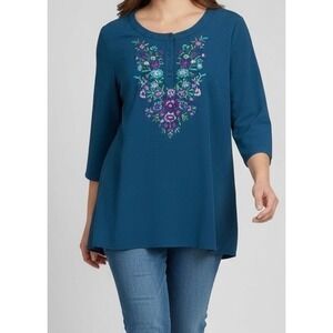 Linea by Louis Dell'Olio Teal Blue Floral Embroidered Henley Tunic Top XL